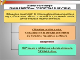 Vexamos outro exemplo:
FAMILIA PROFESIONAL DE INDUSTRIAS ALIMENTARIAS
Elaboración e conservación de productos alimenticios como aceites e
xugos, viños e outras bebidas, productos lácteos, conservería vexetal,
cárnica e de peixe, industrias cerealistas.
CM Aceites de oliva e viños.
CM Elaboración de produtos alimentarios
CM Panadería, repostaría e confeitaría
CS Procesos e calidade na industria alimentaria.
CS Vitivinicultura.
 