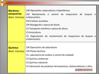 Marítimo-
pesqueiras
(Bach. Ciencias)
CM Operacións subacuáticas e hiperbáricas.
CM Mantemento e control de maquinaria de buques e
embarcacións.
CM Cultivos acuícolas.
CM Navegación e pesca de litoral.
CS Transporte marítimo e pesca de altura.
CS Acuicultura.
CS Organización do mantemento de maquinaria de buques e
embarcacións.
Química
(Bach. Ciencias)
CM Operacións de Laboratorio
CM Planta Química
CS Laboratorio de análise e control de calidade
CS Química ambiental
CS Química industrial
CS Fabricación de produtos farmacéuticos, biotecnolóxicos e afíns.
 