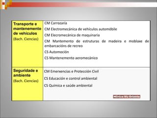 Transporte e
mantenemento
de vehículos
(Bach. Ciencias)
CM Carrozaría
CM Electromecánica de vehículos automóbile
CM Elecromecánica de maquinaria
CM Mantemento de estruturas de madeira e moblaxe de
embarcacións de recreo
CS Automoción
CS Mantenemento aeromecánico
Seguridade e
ambiente
(Bach. Ciencias)
CM Emerxencias e Protección Civil
CS Educación e control ambiental
CS Química e saúde ambiental
 