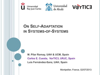 ON SELF-ADAPTATION
IN SYSTEMS-OF-SYSTEMS
M. Pilar Romay, UAH & UCM, Spain
Carlos E. Cuesta, VorTIC3, URJC, Spain
Luis Fernández-Sanz, UAH, Spain
Montpellier, France, 02/07/2013
 