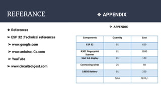 REFERANCE
❖ References
➢ ESP 32 :Technical references
➢ www.google.com
➢ www.arduino. Cc.com
➢ YouTube
➢ www.circuitedigest.com
❖ APPENDIX
 