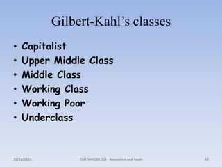 Gilbert-Kahl’s classesCapitalistUpper Middle ClassMiddle ClassWorking ClassWorking PoorUnderclass18/10/2010YOUTHWORK 251 - Recreation and Youth10