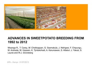 ADVANCES IN SWEETPOTATO BREEDING FROM
1992 to 2012
Mwanga R., T. Carey, M. Chokkappan, G. Ssemakula, J. Ndirigwe, F. Chipungu,
M. Andrade, M. Hossain, K. Tjintokohadi, A. Karuniawan, S. Attaluri, J. Yakub, S.
Laurie and W.J. Grüneberg
APA – Kenya - 01/07/2013
 