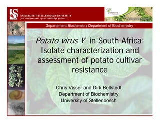 Departement Biochemie ● Department of Biochemistry
Potato virus Y in South Africa:
Isolate characterization and
assessment of potato cultivar
resistance
Chris Visser and Dirk Bellstedt
Department of Biochemistry
University of Stellenbosch
 