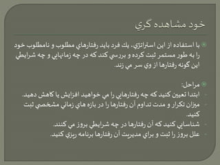 با استفاده از اين استراتژي، يك فرد بايد رفتارهاي مطلوب و نامطلوب خود  
را به طور مستمر ثبت كرده و بررس ي كند كه در چه زمانهايي و چه شرايطي 
اين گونه رفتارها از وي سر مي زند. 
مراحل:  
- ابتدا تعيين كنيد كه چه رفتارهايي را مي خواهيد افزايش يا كاهشدهيد. 
- ميزان تكرار و مدت تداوم آن رفتارها را در بازه هاي زماني مشخص ي ثبت 
كنيد. 
- شناسايي كنيد كه آن رفتارها در چه شرايطي بروز مي كنند. 
- علل بروز را ثبت و براي مديريت آن رفتارها برنامه ريزي كنيد. 
 