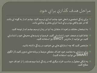 براي زندگي شخص ي و شغلي خود چشم اندازي ترسيم كنيد. چشم انداز به گونه اي باشد  
كه در عين واقعي بودن براي شما انرژي بخش و چالش ي باشد. 
به ذينفعان مختلف و تعهدات متقابل به آنها در زمان ترسيم چشم انداز توجه كنيد.  
نقاط قوت و ضعف خود را شناسايي كنيد. فرصتها و تهديدهاي محيطي خود را شناسايي  
نيز استفاده كنيد. SWOT كنيد. مي توانيد از ماتريس 
مشخص كنيد كه چه استراتژي هايي مي خواهيد در زندگي داشته باشيد.  
براي دستيابي به مقاصد خود اهداف مقطعي مرتبط و برنامه هايي تدوين كنيد )از الگوي  
مي توانيد استفاده كنيد(. SMART 
به شكلي معقول و مناسب افراد ديگري كه در زندگي شما مهم هستند را از اهداف خود  
مطلع كنيد. 
 