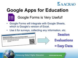 Google Apps for Education
• Google Forms will integrate with Google Sheets,
which is Google’s version of Excel.
• Use it for surveys, collecting any information, etc.
Google Forms is Very Useful!
 