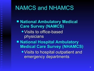 NAMCS and NHAMCS National Ambulatory Medical Care Survey (NAMCS) Visits to office-based physicians National Hospital Ambulatory Medical Care Survey (NHAMCS) Visits to hospital outpatient and emergency departments 