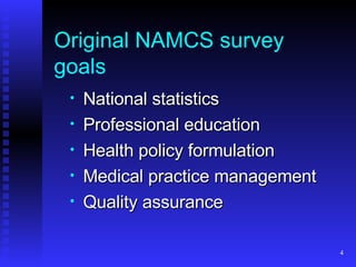 Original NAMCS survey goals National statistics Professional education Health policy formulation Medical practice management Quality assurance 