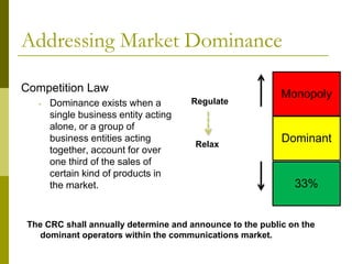 Addressing Market Dominance
Competition Law
- Dominance exists when a
single business entity acting
alone, or a group of
business entities acting
together, account for over
one third of the sales of
certain kind of products in
the market.
18
Regulate
Relax
Monopoly
Dominant
33%
The CRC shall annually determine and announce to the public on the
dominant operators within the communications market.
 