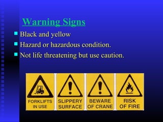 Warning Signs
 Black and yellowBlack and yellow
 Hazard or hazardous condition.Hazard or hazardous condition.
 Not life threatening but use caution.Not life threatening but use caution.
 