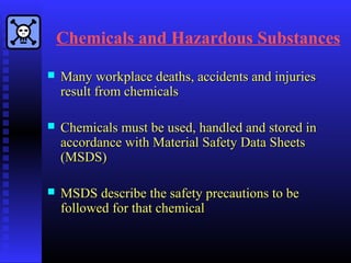 Chemicals and Hazardous Substances
 Many workplace deaths, accidents and injuriesMany workplace deaths, accidents and injuries
result from chemicalsresult from chemicals
 Chemicals must be used, handled and stored inChemicals must be used, handled and stored in
accordance with Material Safety Data Sheetsaccordance with Material Safety Data Sheets
(MSDS)(MSDS)
 MSDS describe the safety precautions to beMSDS describe the safety precautions to be
followed for that chemicalfollowed for that chemical
 