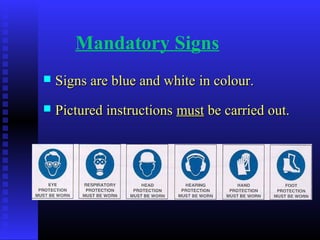 Mandatory Signs
 Signs are blue and whiteSigns are blue and white in colourin colour..
 Pictured instructionsPictured instructions mustmust be carried out.be carried out.
 
