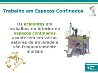 Trabalho em Espaços Confinados
Os acidentes em
trabalhos no interior de
espaços confinados
acontecem em vários
setores de atividade e
são frequentemente
mortais
 
