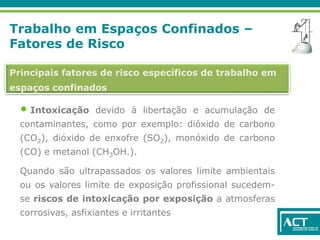 Trabalho em Espaços Confinados –
Fatores de Risco
Principais fatores de risco específicos de trabalho em
espaços confinados
• Intoxicação devido à libertação e acumulação de
contaminantes, como por exemplo: dióxido de carbono
(CO2), dióxido de enxofre (SO2), monóxido de carbono
(CO) e metanol (CH3OH.).
Quando são ultrapassados os valores limite ambientais
ou os valores limite de exposição profissional sucedem-
se riscos de intoxicação por exposição a atmosferas
corrosivas, asfixiantes e irritantes
 
