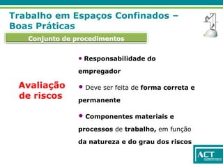 Conjunto de procedimentos
Trabalho em Espaços Confinados –
Boas Práticas
• Responsabilidade do
empregador
• Deve ser feita de forma correta e
permanente
• Componentes materiais e
processos de trabalho, em função
da natureza e do grau dos riscos
Avaliação
de riscos
 