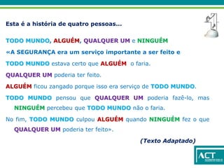 Esta é a história de quatro pessoas...
TODO MUNDO, ALGUÉM, QUALQUER UM e NINGUÉM
«A SEGURANÇA era um serviço importante a ser feito e
TODO MUNDO estava certo que ALGUÉM o faria.
QUALQUER UM poderia ter feito.
ALGUÉM ficou zangado porque isso era serviço de TODO MUNDO.
TODO MUNDO pensou que QUALQUER UM poderia fazê-lo, mas
NINGUÉM percebeu que TODO MUNDO não o faria.
No fim, TODO MUNDO culpou ALGUÉM quando NINGUÉM fez o que
QUALQUER UM poderia ter feito».
(Texto Adaptado)
 