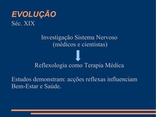 EVOLUÇÃO
Séc. XIX
Investigação Sistema Nervoso
(médicos e cientistas)
Reflexologia como Terapia Médica
Estudos demonstram: acções reflexas influenciam
Bem-Estar e Saúde.
 