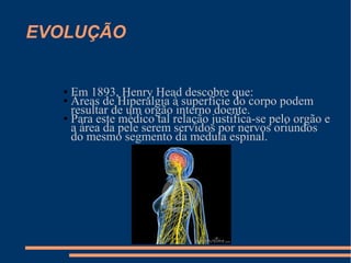 EVOLUÇÃO
● Em 1893, Henry Head descobre que:
● Áreas de Hiperalgia à superfície do corpo podem
resultar de um orgão interno doente.
● Para este médico tal relação justifica-se pelo orgão e
a área da pele serem servidos por nervos oriundos
do mesmo segmento da medula espinal.
 