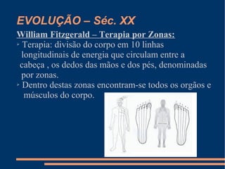 EVOLUÇÃO – Séc. XX
William Fitzgerald – Terapia por Zonas:
➢ Terapia: divisão do corpo em 10 linhas
longitudinais de energia que circulam entre a
cabeça , os dedos das mãos e dos pés, denominadas
por zonas.
➢ Dentro destas zonas encontram-se todos os orgãos e
músculos do corpo.
 