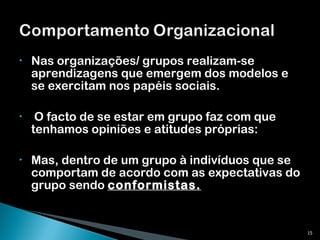 Nas organizações/ grupos realizam-se aprendizagens que emergem dos modelos e se exercitam nos papéis sociais. O facto de se estar em grupo faz com que tenhamos opiniões e atitudes próprias: Mas, dentro de um grupo à indivíduos que se comportam de acordo com as expectativas do grupo sendo  conformistas. 