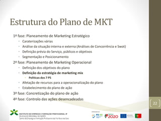 Estrutura do Plano de MKT
22
1ª fase: Planeamento de Marketing Estratégico
• Caraterizações várias
• Análise da situação interna e externa (Análises de Concorrência e Swot)
• Definição prévia do Serviço, públicos e objetivos
• Segmentação e Posicionamento
2ª fase: Planeamento de Marketing Operacional
• Definição dos objetivos do plano
• Definição da estratégia de marketing mix
• Politicas dos 7 PS
• Afetação de recursos para a operacionalização do plano
• Estabelecimento do plano de ação
3ª fase: Concretização do plano de ação
4ª fase: Controlo das ações desencadeadas
 