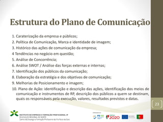 Estrutura do Plano de Comunicação
23
1. Caraterização da empresa e públicos;
2. Política de Comunicação, Marca e identidade de imagem;
3. Histórico das ações de comunicação da empresa;
4 Tendências no negócio em questão;
5. Análise de Concorrência;
6. Análise SWOT / Análise das forças externas e internas;
7. Identificação dos públicos da comunicação;
8. Elaboração da estratégia e dos objetivos de comunicação;
9. Melhorias de Posicionamento e imagem;
10. Plano de Ação: identificação e descrição das ações, identificação dos meios de
comunicação e instrumentos de RP, descrição dos públicos a quem se destinam,
quais os responsáveis pela execução, valores, resultados previstos e datas.
 