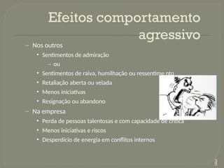 nto
– Nos outros
• Sentimentos de admiração
– ou
• Sentimentos de raiva, humilhação ou ressentime
• Retaliação aberta ou velada
• Menos iniciativas
• Resignação ou abandono
– Na empresa
• Perda de pessoas talentosas e com capacidade de critica
• Menos iniciativas e riscos
• Desperdício de energia em conflitos internos
Efeitos comportamento
agressivo
3
5
 