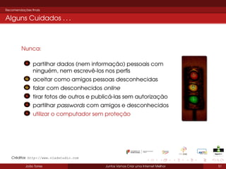 Recomendações ﬁnais

Alguns Cuidados . . .

Nunca:
partilhar dados (nem informação) pessoais com
ninguém, nem escrevê-los nos perﬁs
aceitar como amigos pessoas desconhecidas
falar com desconhecidos online
tirar fotos de outros e publicá-las sem autorização
partilhar passwords com amigos e desconhecidos
utilizar o computador sem proteção

Créditos: http://www.vladstudio.com
João Torres

Juntos Vamos Criar uma Internet Melhor

51

 