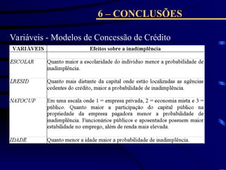 6 – CONCLUSÕES
Variáveis - Modelos de Concessão de Crédito
 