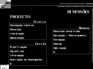 DIMENSÕES PROJECTO Concepção técnica Recursos Instalação Manutenção Recursos envolvidos Selecção / Recrutamento Formação Gestão Motivação … Técnica Humana Gestão Planificação Objectivos Informação Avaliação do desempenho … 