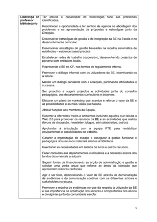5
Liderança do
professor
bibliotecário
Ter atitude e capacidade de intervenção face aos problemas
identificados.
Reconhecer a oportunidade e ter sentido de agenda na abordagem dos
problemas e na apresentação de propostas e estratégias junto da
Direcção.
Desenvolver estratégias de gestão e de integração da BE na Escola e no
desenvolvimento curricular.
Desenvolver estratégias de gestão baseadas na recolha sistemática de
evidências – evidence based practice
Estabelecer redes de trabalho cooperativo, desenvolvendo projectos de
parceria com entidades locais.
Representar a BE no CP, nos termos do regulamento interno.
Promover o diálogo informal com os utilizadores da BE, incentivando-os
à leitura.
Manter um diálogo constante com a Direcção, partilhando dificuldades e
sucessos.
Ser proactivo e sugerir projectos e actividades junto do conselho
pedagógico, dos departamentos curriculares e docentes.
Elaborar um plano de marketing que acentue e reforce o valor da BE e
as possibilidades e as mais-valias que faculta.
Atribuir funções aos membros da Equipa.
Recorrer a diferentes meios e ambientes incluindo aqueles que faculta a
Web 2.0 para promover os recursos da BE e as actividades que realiza
(fóruns de discussão, newsletter, blogue, wiki colaborativo, outros).
Aprofundar a articulação com a equipa PTE para rentabilizar
equipamentos e possibilidades de trabalho.
Garantir a organização do espaço e assegurar a gestão funcional e
pedagógica dos recursos materiais afectos à biblioteca.
Inventariar as necessidades em termos de livros e outros recursos.
Fazer consultas aos departamentos curriculares e a docentes acerca dos
fundos documentais a adquirir.
Sugerir fontes de financiamento ao órgão de administração e gestão e
solicitar uma verba anual que reforce as áreas da colecção que
apresentem maiores carências.
Agir e ser líder, demonstrando o valor da BE através da demonstração
de evidências e da comunicação contínua com os diferentes actores e
stakeholders na escola.
Promover a recolha de evidências no que diz respeito à utilização da BE
e sua importância na construção dos saberes e competências dos alunos
e divulgá-las junto da comunidade escolar.
 
