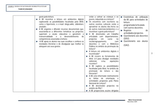 SESSÃO 4: MODELO DE AUTOVALIÇÃO DA BIBLIOTECA ESCOLAR
             PLANOP
              PLANO DE AVALIAÇÃO




                                          gosto pela leitura.                                     estão a cativar as crianças e os        Estatísticas de utilização
                                          A BE incentiva a leitura em ambientes digitais          jovens, induzindo-as à leitura?         da BE para actividades de
                                          explorando as possibilidades facultadas pela WEB,       Os encontros com escritores ou          leitura
                                          como o hipertexto, o e-mail, blogs,wikis, slideshare,   outros eventos culturais estão a        programada/articulada
                                          youtube…                                                aproximar os alunos dos livros ou
                                                                                                                                          com outros docentes.
                                          A BE organiza e difunde recursos documentais que,       de outros materiais/ambientes e a
                                                                                                                                          Registos                de
                                          associando-se a diferentes temáticas ou projectos,      incentivar o gosto pela leitura?
                                          suportam a acção educativa e garantem a                 A BE desenvolve um trabalho             actividades/projectos.
                                          transversalidade    e    o    desenvolvimento     de    articulado com departamentos,           Questionário aos docentes
                                          competências associadas à leitura.                      projectos      em      curso       na   (QD2).
                                           A BE apoia os alunos nas suas escolhas e conhece as    escola/agrupamento,              com    Questionário aos alunos
                                          novidades literárias e de divulgação que melhor se      docentes e com a Biblioteca
                                                                                                                                          (QA2).
                                          adequam aos seus gostos.                                Pública no âmbito da promoção da
                                                                                                  leitura?
                                                                                                  A leitura em ambientes digitais é
                                                                                                  incentivada?                                                         3
                                                                                                  A BE recorre às ferramentas da
                                                                                                  Web 2.0 para divulgar novidades
                                                                                                  editoriais     e/ou       aquisições
                                                                                                  recentes?
                                                                                                  A BE explora as possibilidades
                                                                                                  facultadas pela Web, no âmbito da
                                                                                                  promoção da leitura e das
                                                                                                  literacias?
                                                                                                  A BE está informada relativamente
                                                                                                  às linhas de orientação e
                                                                                                  actividades propostas pelo Plano
                                                                                                  Nacional de Leitura?
                                                                                                  A BE desenvolve projectos no
                                                                                                  âmbito do PNL?
                                                                                                  A BE proporciona acções dirigidas



                                                                                                                                              Maria Teresa Semedo
                                                                                                                                             Novembro 2009
 
