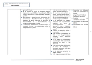 SESSÃO 4: MODELO DE AUTOVALIÇÃO DA BIBLIOTECA ESCOLAR
             PLANOP
              PLANO DE AVALIAÇÃO




                                          gosto pela leitura.                                     estão a cativar as crianças e os        Estatísticas de utilização
                                          A BE incentiva a leitura em ambientes digitais          jovens, induzindo-as à leitura?         da BE para actividades de
                                          explorando as possibilidades facultadas pela WEB,       Os encontros com escritores ou          leitura
                                          como o hipertexto, o e-mail, blogs,wikis, slideshare,   outros eventos culturais estão a        programada/articulada
                                          youtube…                                                aproximar os alunos dos livros ou
                                                                                                                                          com outros docentes.
                                          A BE organiza e difunde recursos documentais que,       de outros materiais/ambientes e a
                                                                                                                                          Registos                de
                                          associando-se a diferentes temáticas ou projectos,      incentivar o gosto pela leitura?
                                          suportam a acção educativa e garantem a                 A BE desenvolve um trabalho             actividades/projectos.
                                          transversalidade    e    o    desenvolvimento     de    articulado com departamentos,           Questionário aos docentes
                                          competências associadas à leitura.                      projectos      em      curso       na   (QD2).
                                           A BE apoia os alunos nas suas escolhas e conhece as    escola/agrupamento,              com    Questionário aos alunos
                                          novidades literárias e de divulgação que melhor se      docentes e com a Biblioteca
                                                                                                                                          (QA2).
                                          adequam aos seus gostos.                                Pública no âmbito da promoção da
                                                                                                  leitura?
                                                                                                  A leitura em ambientes digitais é
                                                                                                  incentivada?                                                         3
                                                                                                  A BE recorre às ferramentas da
                                                                                                  Web 2.0 para divulgar novidades
                                                                                                  editoriais     e/ou       aquisições
                                                                                                  recentes?
                                                                                                  A BE explora as possibilidades
                                                                                                  facultadas pela Web, no âmbito da
                                                                                                  promoção da leitura e das
                                                                                                  literacias?
                                                                                                  A BE está informada relativamente
                                                                                                  às linhas de orientação e
                                                                                                  actividades propostas pelo Plano
                                                                                                  Nacional de Leitura?
                                                                                                  A BE desenvolve projectos no
                                                                                                  âmbito do PNL?
                                                                                                  A BE proporciona acções dirigidas



                                                                                                                                              Maria Teresa Semedo
                                                                                                                                             Novembro 2009
 