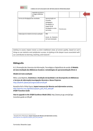 O MODELO DE AUTO-AVALIAÇÃO DA BE: METODOLOGIAS DE OPERACIONALIZAÇÃO



                                    Sugestões de leitura
                                    na página WEB das                                                   7
                                    BEs
          Formas de divulgação dos resultados                  Apresentação em
                                                               Conselho
                                                               pedagógico;
                                                               Divulgação no
                                                               blogue da BE
                                                               Divulgação no sítio       Final do ano
                                                               da Escola;

          Elaboração do relatório de Auto-avaliação            RBE

                                                               (envio do Relatório
                                                               de Auto-Avaliação)




Seeking to assess impact moves us from traditional views of service quality, based on such
things as use statistics and satisfaction surveys, to looking at the deeper issues associated with
our contribution to learning, teaching, and research.2



Bibliografia
A.2. (Promoção das Literacias da Informação, Tecnológica e Digital)Guia da sessão: O Modelo
de Auto-Avaliação das Bibliotecas Escolares: metodologias de operacionalização (Parte I)

Modelo de Auto-avaliação

Melo, Luiza Baptista, Estatísticas e Avaliação da Qualidade e do Desempenho em Bibliotecas
e Serviços de Informação:Investigações Recentes e Novos Projectos
http://badinfo.apbad.pt/congresso8/com20.pdf

Roswitha Poll e Philip Payne: Impact measures for libraries and information services,
http://eprints.rclis.org/9161/1/payne_poll_final_web.pdf
EFQM Transition Guide

How to upgrade to the EFQM Excellence Model 2010, http://www.pt.sgs.com/pt/sgs-
transition-guide-en-09.pdf




2
 Roswitha Poll e Philip Payne: Impact measures for libraries and information services,
http://eprints.rclis.org/9161/1/payne_poll_final_web.pdf




Formanda: Alexandra Lopes
 