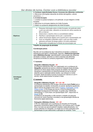 Ser diretor de turma. Contar com a biblioteca escolar
3
4. Conhecer especificidades físicas e humanas dos diferentes continentes
4. Mencionar informações relevantes de âmbito demográfico, cultural,
económico (…)
5. A União Europeia
1. Localizar os países europeus e, em particular, os que integram a União
Europeia.
2. Mencionar os principais objetivos da União Europeia.
3. Referir os sucessivos alargamentos da União Europeia.
Objetivos
● Pesquisar informação sobre a União Europeia, em particular sobre
o país que está tratar, utilizando os recursos em vários suportes da
BE e a Internet
● Desenvolver o espírito crítico e a sensibilidade estética
● Planificar a apresentação oral do país a apresentar
● Utilizar ferramentas digitais como suporte para a apresentação oral
● Criar um infográfico publicitário sobre o país que está a tratar,
aplicando princípios de design gráfico e do texto publicitário
● Desenvolver competências no âmbito da comunicação oral
Estratégias/
tarefas
Trabalho de preparação da atividade
Coordenação prévia:
Reunião com as professoras das 3 disciplinas envolvidas e professora
bibliotecária para definir a planificação, segundo o Referencial Aprender
com a Biblioteca Escolar, calendarização e estruturação das diferentes
atividades a realizar, aplicando os vários conteúdos das diferentes
disciplinas envolvidas ao conteúdo programático “União Europeia”
1.º momento:
Geografia e Biblioteca Escolar - 45’
A professora bibliotecária (PB), em colaboração com a professora de
Geografia, apresenta aos alunos a dinâmica integrada desta atividade,
definindo as várias etapas desta proposta de trabalho nas diferentes
disciplinas e apresentando as várias ferramentas de que os alunos
disporão para a realização destas tarefas, cujo enfoque é a União
Europeia. Serão formados 6 grupos (4 grupos de 3 alunos e 2 com 4
alunos), sendo determinados os países a tratar.
2.º momento:
Geografia e Biblioteca Escolar - 45’ + 45 + 90’
A professora bibliotecária (PB) divulga a ferramenta digital Padlet para a
apresentação do trabalho, fornecendo um tutorial. Apresenta igualmente
alguns bancos de imagens livres como o Pixabay, FreeImages, 4 Free
Photos e Zeef. A PB entrega aos alunos a ficha de pesquisa para
orientação na pesquisa de informação, os guiões para “referências
bibliográficas” e “Como fazer uma apresentação oral?”, disponíveis no
blogue da BE.
A professora de Geografia e a PB orientam o trabalho de pesquisa
(recursos em vários suportes e formatos) e de apresentação através da
ferramenta digital selecionada.
Português e Biblioteca Escolar - 45’ + 45’
A PB, em colaboração com a professora da disciplina de Português,
apresenta a ferramenta digital Google Drive, com enfoque para o Google
Docs, de modo aos alunos poderem trabalhar colaborativamente, nos
grupos definidos em Geografia, na criação de um texto publicitário para
apresentação do país selecionado e aplicação do conteúdo “Texto
 