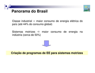 Panorama do Brasil

Classe industrial  maior consumo de energia elétrica do
país (até 44% do consumo global)

Sistemas motrizes        maior consumo de energia na
indústria (cerca de 50%)




Criação de programas de EE para sistemas motrizes
 