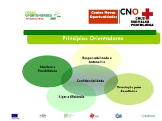 Princípios Orientadores  Orientação para Resultados Rigor e Eficiência Responsabilidade e Autonomia Centro Novas Oportunidades CN O Confidencialidade Abertura e Flexibilidade 
