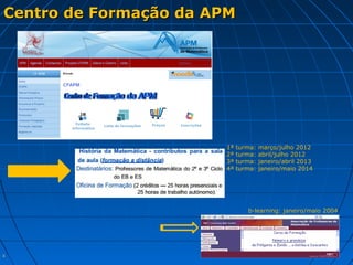 44
Centro de Formação da APMCentro de Formação da APM
b-learning: janeiro/maio 2004
1ª turma: março/julho 2012
2ª turma: abril/julho 2012
3ª turma: janeiro/abril 2013
4ª turma: janeiro/maio 2014
 