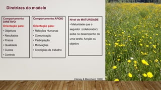 Comportamento
DIRETIVO
Orientação para:
• Objetivos
• Resultados
• Prazos
• Qualidade
• Custos
• Controlo
Comportamento APOIO
Orientação para:
• Relações Humanas
• Comunicação
• Participação
• Motivações
• Condições de trabalho
Diretrizes do modelo
Nível de MATURIDADE
• Maturidade que o
seguidor (colaborador)
exibe no desempenho de
uma tarefa, função ou
objetivo
(Hersey & Blanchard, 1982)
 