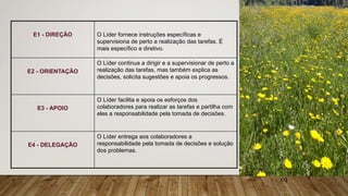 E1 - DIREÇÃO O Líder fornece instruções específicas e
supervisiona de perto a realização das tarefas. É
mais específico e diretivo.
E2 - ORIENTAÇÃO
O Líder continua a dirigir e a supervisionar de perto a
realização das tarefas, mas também explica as
decisões, solicita sugestões e apoia os progressos.
E3 - APOIO
O Líder facilita e apoia os esforços dos
colaboradores para realizar as tarefas e partilha com
eles a responsabilidade pela tomada de decisões.
E4 - DELEGAÇÃO
O Líder entrega aos colaboradores a
responsabilidade pela tomada de decisões e solução
dos problemas.
cq
 