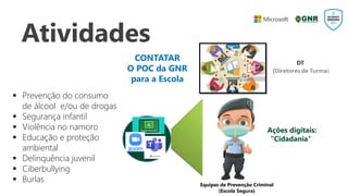 Atividades
Ações digitais:
"Cidadania"
 Prevenção do consumo
de álcool e/ou de drogas
 Segurança infantil
 Violência no namoro
 Educação e proteção
ambiental
 Delinquência juvenil
 Ciberbullying
 Burlas
CONTATAR
O POC da GNR
para a Escola
Equipas de Prevenção Criminal
(Escola Segura)
 
