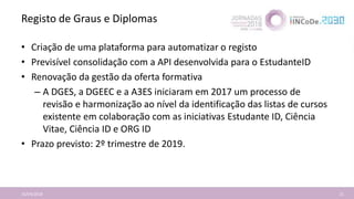 Registo de Graus e Diplomas
16/04/2018 21
• Criação de uma plataforma para automatizar o registo
• Previsível consolidação...