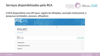 Serviços disponibilizados pelo RCA
16/04/2018 72
O RCA disponibiliza uma API para: registo de afiliações; asserção institu...