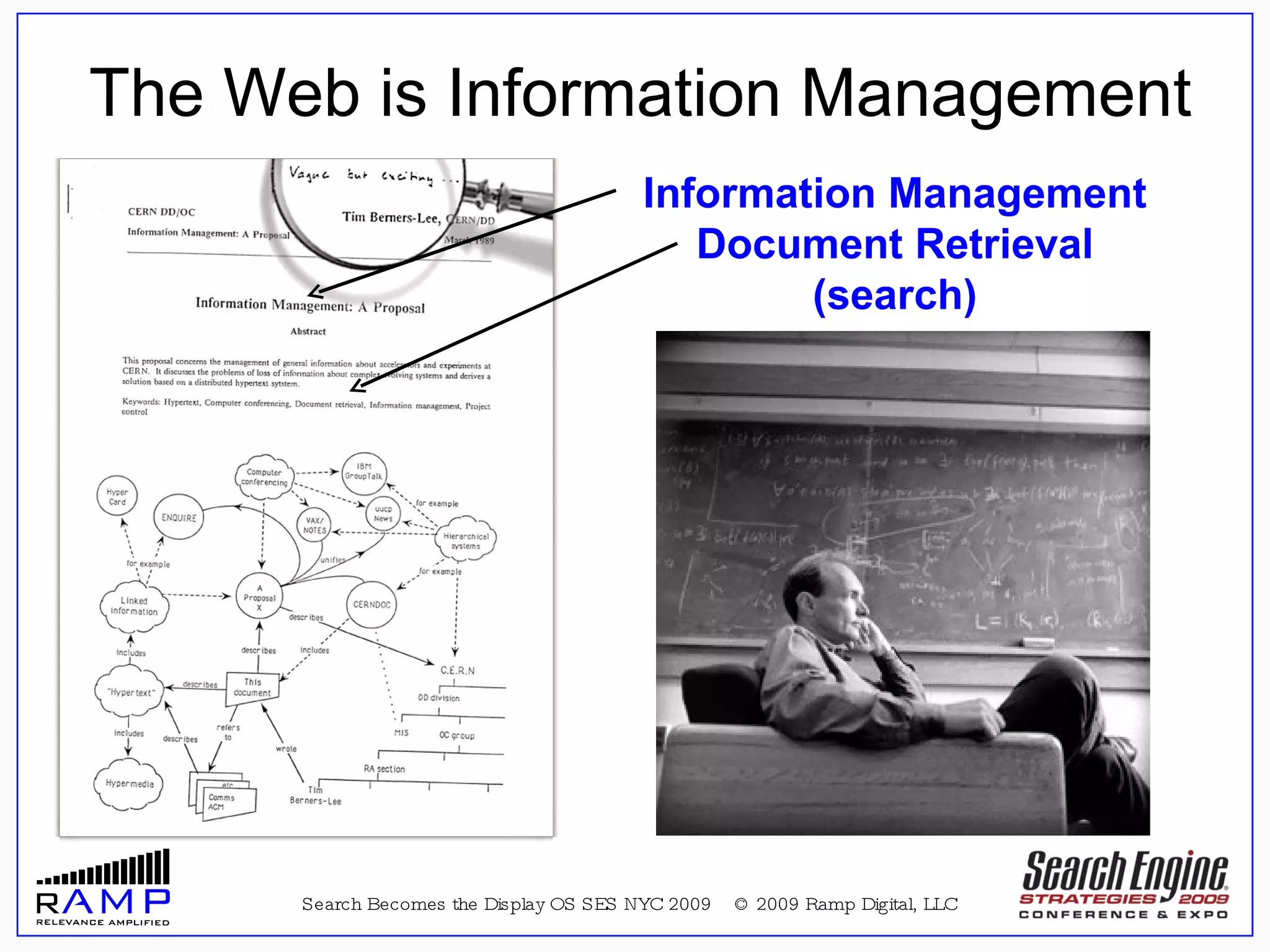 Search Becomes the Display OS SES NYC 2009  © 2009 Ramp Digital, LLC Information Management Document Retrieval (search) The Web is Information Management 