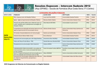 Sessões Expocom – Intercom Sudeste 2012
                                                      Ufop (OP/MG) – Escola de Farmácia (Rua Costa Sena,171,Centro)

                                                               CATEGORIA RELAÇÕES PÚBLICAS
DATA E LOCAL   TRABALHO                                               ALUNO LÍDER                      INSTITUIÇÃO                                 MOD.   Horário
               RPjr. Empresa Junior de Relações Públicas              Lucas Sant’Ana NUNES             Universidade Estadual Paulista              RP01   13h00

               Agerp - Agência Experimental de Relações Públicas      Mariana Walter Rabelo            Centro Universitário Newton Paiva           RP01   13h15

               Pesquisa de opinião pública para a Rede de Lojas Lua   Aline Maciel ANTUNES             Universidade Cruzeiro do Sul                RP02   13h30
               Luana: subsídios para o planejamento estratégico de
               Relações Públicas

               A importância da realização de Eventos dentro de uma Adriana Simões Esteves             Centro Universitário Nossa Senhora do       RP03   13h45
               Agência Experimental de Comunicação Interna                                             Patrocínio

               6º Contato: Empreendedorismo em Comunicação            Danilo Luiz de Almeida           Centro Universitário Newton Paiva           RP03   14h00
28/06          Festival Cultural 20anos Rádio Unesp                   Bruna Mantuan                    Universidade Estadual Paulista              RP03   14h15
Quinta-feira
               Assessoria de Comunicação para o Be Happy Bowling      Amanda da Silva VALENÇA          Universidade Estadual Paulista              RP04   14h30
SALA F3
               Fábrica de Placas Prá de Minas - FPM                   Daniele Benunes Almeida ASSIS    Centro Universitário Newton Paiva           RP04   14h45

               Planejamento de comunicação: Work Industrial           Gislaine NEREU                   Centro Universitário Nossa Senhora do       RP04   15h00
                                                                                                       Patrocínio

               COMUNICAÇÃO PÚBLICA NA SAÚDE: uma análise do           Paula Fernandes Furbino BRETAS   Pontifícia Universidade Católica de Minas   RP05   15h15
               relacionamento entre o Centro de Saúde São Paulo e                                      Gerais
               os seus usuários
               Azul 27- Projeto de Assessoria de Comunicação para a   Ailton RESENDE                   Centro Universitário de Belo Horizonte      RP05   15h30
               obra de ampliação da AV Antonio Carlos em BH.
               Assessoria de comunicação colaborativa dos 200 anos    Ailton RESENDE                   Universidade Federal de Minas Gerais        RP06   15h45
               da cidade de Jequitinhonha: perspectivas e
               experiências.


XVII Congresso de Ciências da Comunicação na Região Sudeste
 