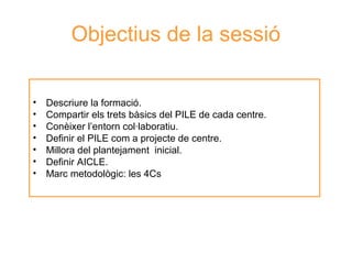Objectius de la sessió
•
•
•
•
•
•
•

Descriure la formació.
Compartir els trets bàsics del PILE de cada centre.
Conèixer l’entorn col·laboratiu.
Definir el PILE com a projecte de centre.
Millora del plantejament inicial.
Definir AICLE.
Marc metodològic: les 4Cs

Neus Lorenzo

 