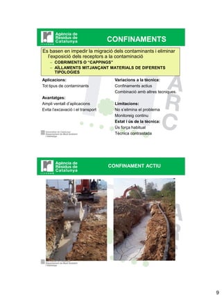 CONFINAMENTS
Es basen en impedir la migració dels contaminants i eliminar
  l’exposició dels receptors a la contaminació
    – COBRIMENTS O “CAPPINGS”
    – AÏLLAMENTS MITJANÇANT MATERIALS DE DIFERENTS
      TIPOLOGIES
Aplicacions:                         Variacions a la tècnica:
Tot tipus de contaminants            Confinaments actius
                                     Combinació amb altres tecniques.
Avantatges:
Ampli ventall d’aplicacions          Limitacions:
Evita l’excavació i el transport     No s’elimina el problema
                                     Monitoreig continu
                                     Estat i ús de la tècnica:
                                     Ús força habitual
                                     Tècnica contrastada




                                   CONFINAMENT ACTIU




                                                                        9
 