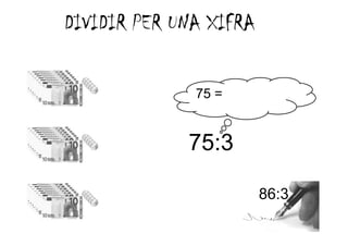 DIVIDIR PER UNA XIFRA

              75 =


             75:3
             75 3

                        86:3
 
