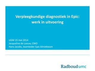 Verpleegkundige diagnostiek in Epic:
werk in uitvoering
UGM 15 mei 2014
Jacqueline de Leeuw, CNIO
Hans Jacobs, teamleider Epic kliniekteam
 